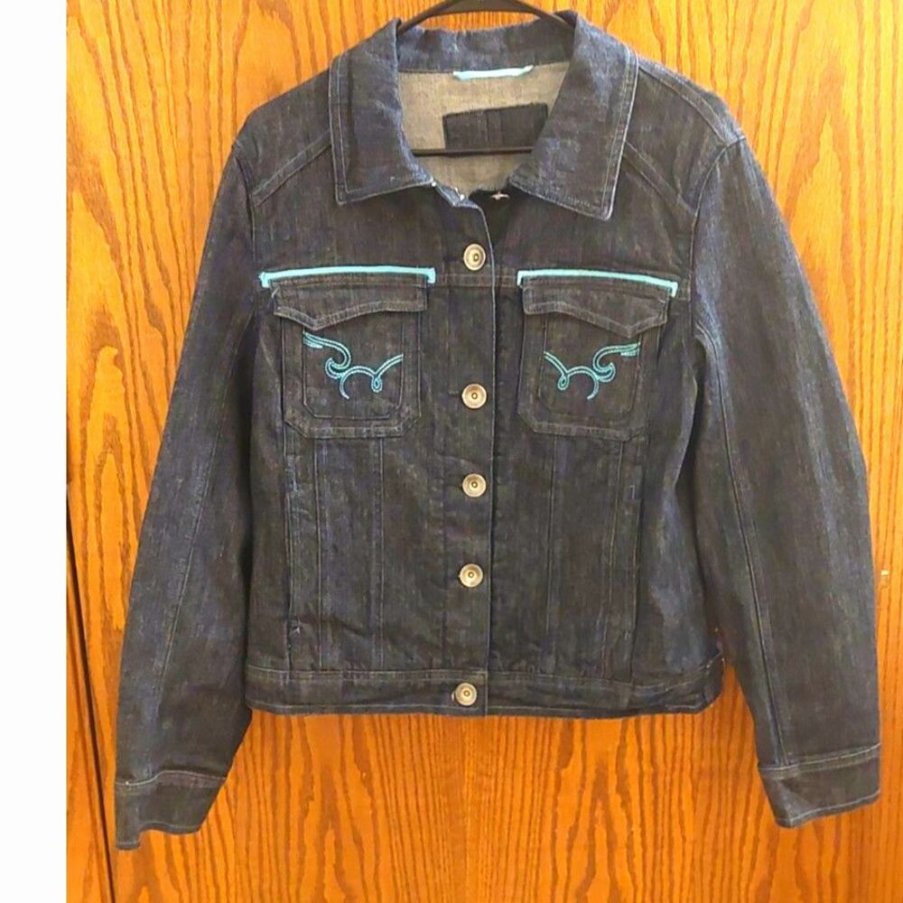 Western Denim Jacket Women's M Dark Indigo Turquoise Embroidered Stretch